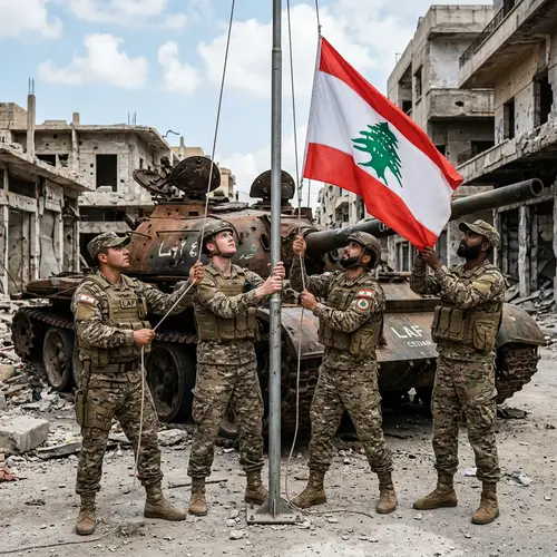 Diverse Soldiers Raising Lebanese Flag in Unity