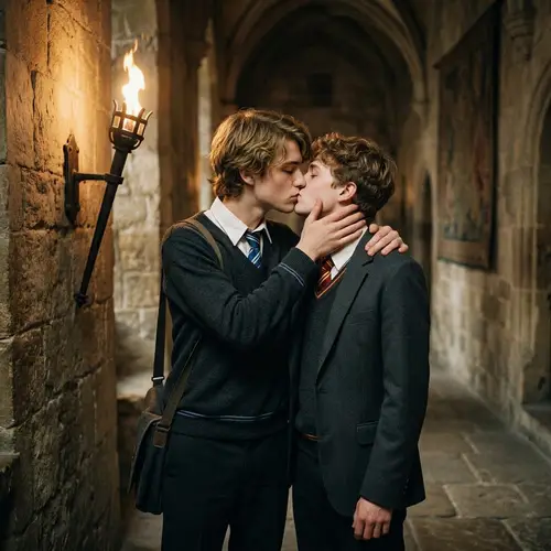 Teenage Boys Kissing in Castle Hallway - Defying House Allegiance