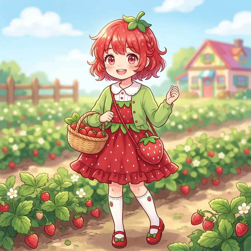 Cute Anime Girl Character, Around 12 Years Old, Strawberry Theme