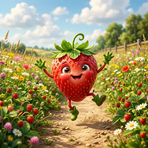Joyful Strawberry Character | Vibrant Summer Field