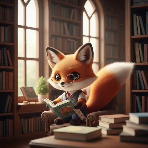 Kawaii Fox in a Library - Adorable Art Inspiration