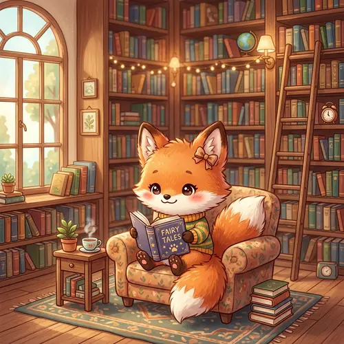 Kawaii Fox in a Library - Adorable Art Inspiration