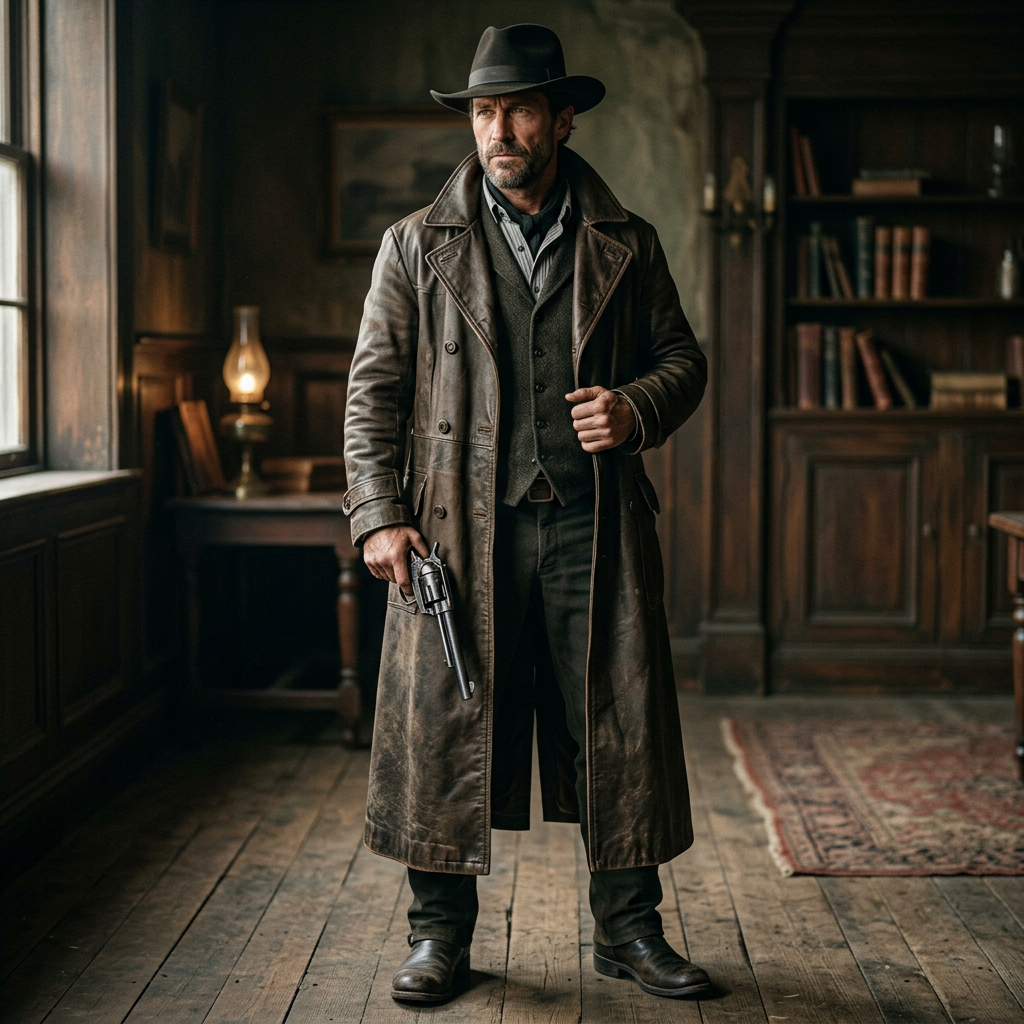 Mysterious Man in Long Leather Coat with Antique Revolver | AI Art Generator | Easy-Peasy.AI