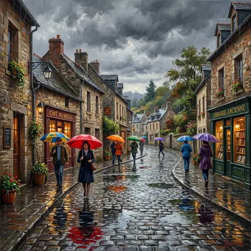 Rainy Afternoon Serenity: Tranquil Landscape Painting