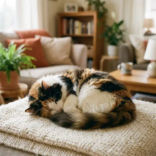 Calico Cat Sleeping in Cozy Living Room - Adorable Pet Nap