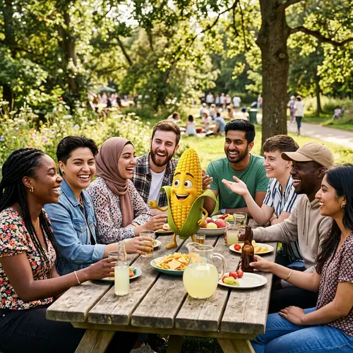 Lively Corn Cob Hanging Out with Diverse Group of Friends