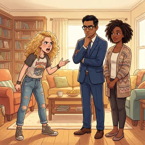 Expressive Caucasian Teenage Girl Shouting with Diverse Parents - Illustration