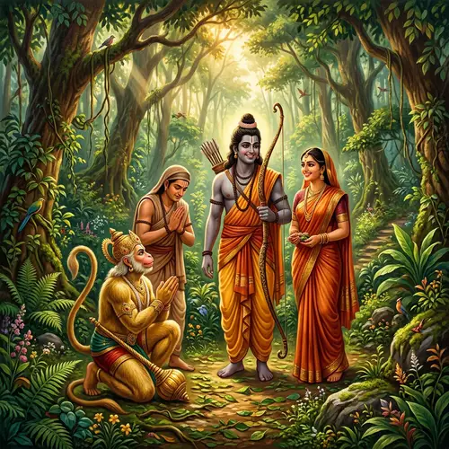Epic Ramayana Depiction with Rama, Sita, Bharata & Hanuman