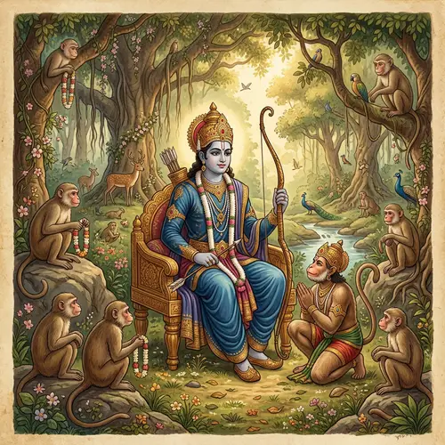 Epic Ramayana Illustration: Majestic South Asian Man in Enchanting Forest