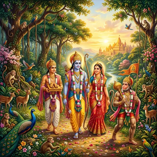 Epic Ramayana Scene: Rama Returns to Ayodhya with Sita and Bharata