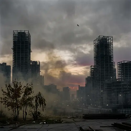 Grim Cityscape with Skeletal Structures and Smoky Haze