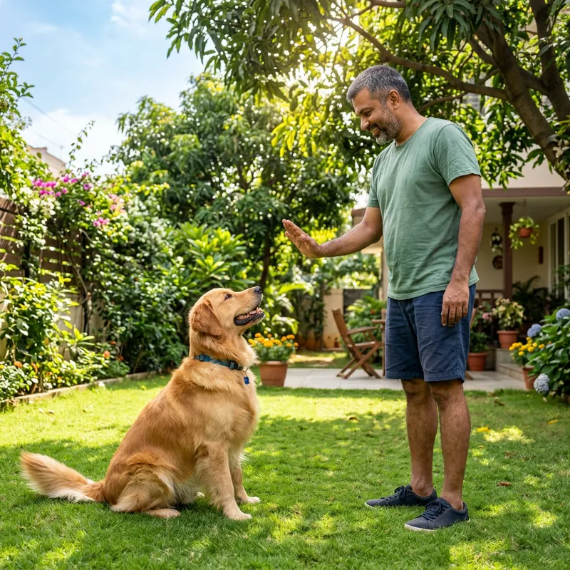 Golden Retriever Training: Man Commands Dog to Sit Outdoors Golden Retriever Training: Man Commands Dog to Sit Outdoors