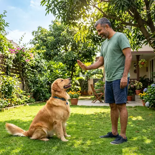 Peaceful Scene: South Asian Man Training Golden Retriever Outdoors
