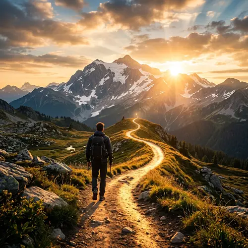Divine Direction: Man Walking Toward Sunlit Mountains