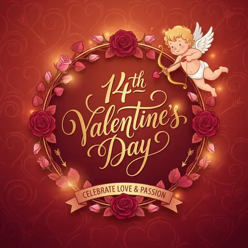 Romantic 14th Valentine's Day Poster Design with Hearts, Roses & Cupid