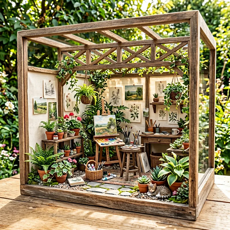 Serene Sunlit Outdoor Art Studio Diorama with Lush Plants and Wooden Beams