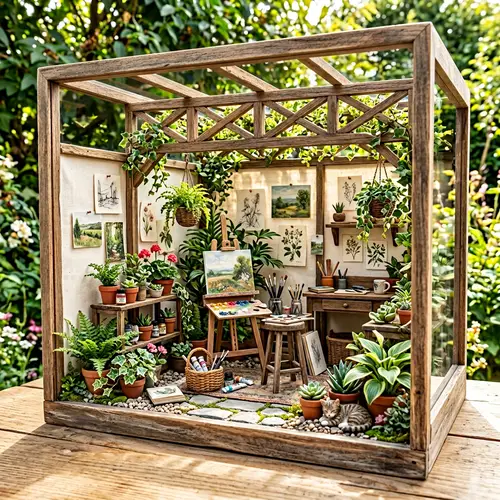 Sunlit Outdoor Art Studio Diorama with Plants and Wooden Beams