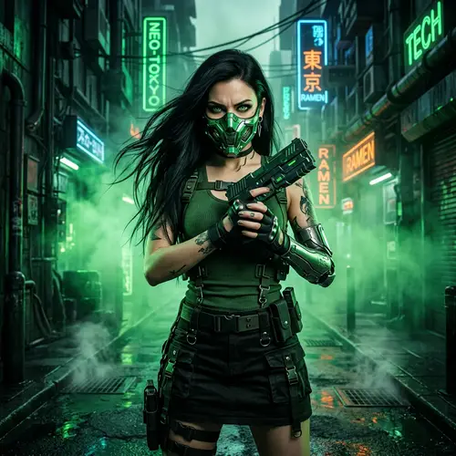 Cyberpunk Woman with Green Metallic Mask and Gun