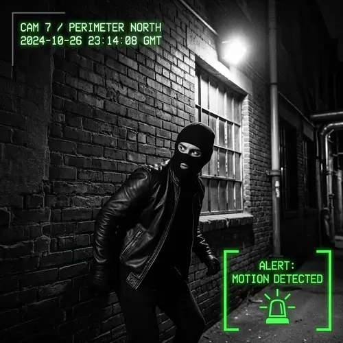 Sneaky Individual in Mask and Black Outfit by Factory Window at Night