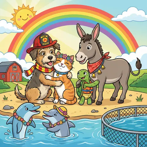 Uplifting Animal Rescue Cartoon: Dogs, Cats, Donkeys, Dolphins & Turtles Embracing