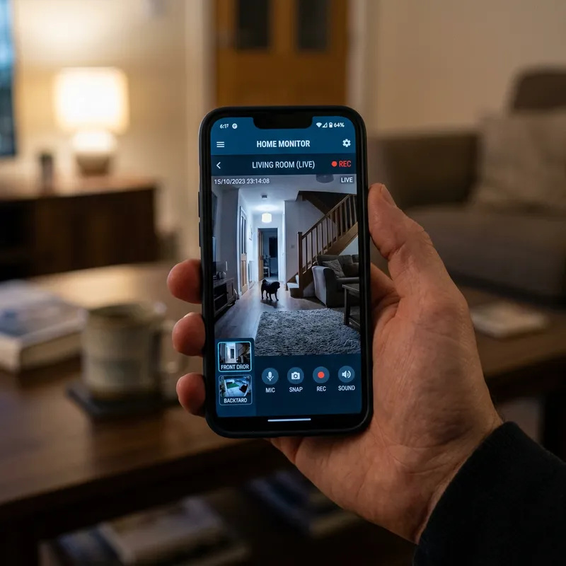 Smartphone Showing Live Security Camera Feed
