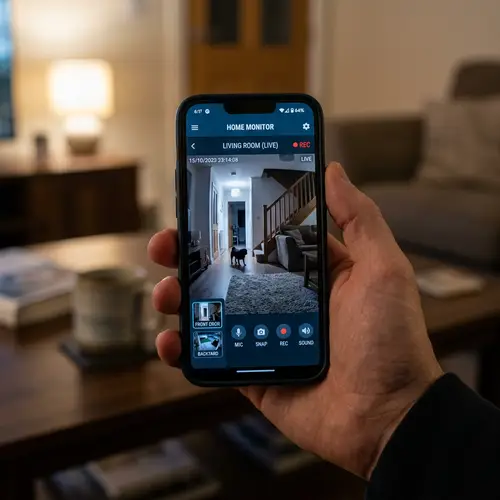 Live Security Camera Feed Displayed on Cellphone Screen