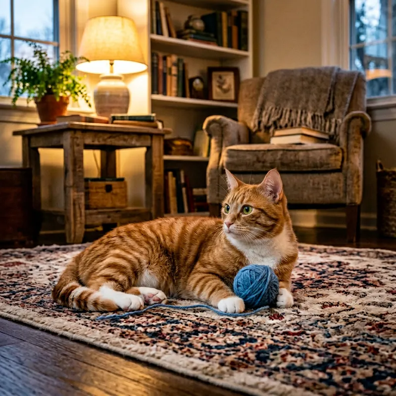 Charming Domestic Cat Relaxing on Plush Rug