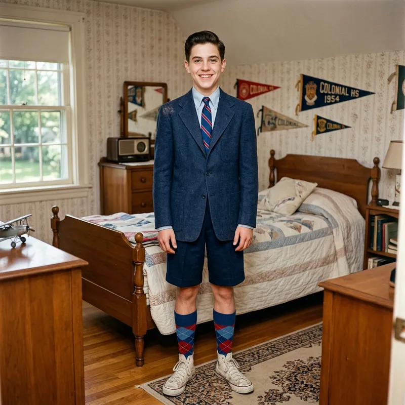 Vintage 1954 Boy's Fashion in Colonial Bedroom