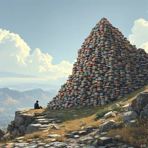 Climbing a Mountain of Books: A Photorealistic Journey