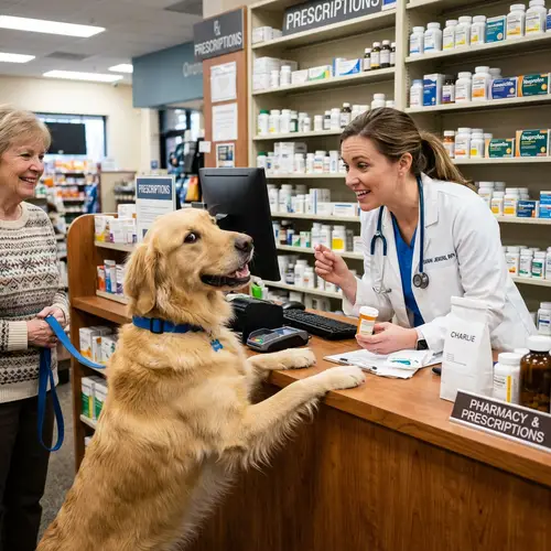 Pharmacist Interacts with Golden Retriever