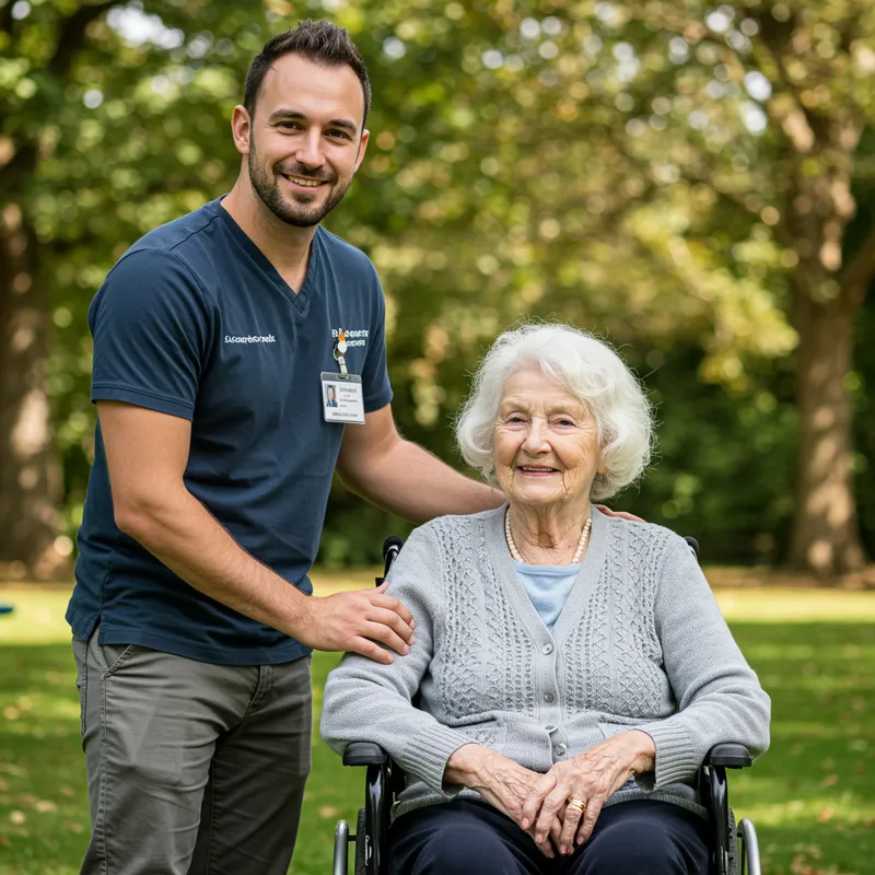 Caregiver with Elderly Patient in Park Setting