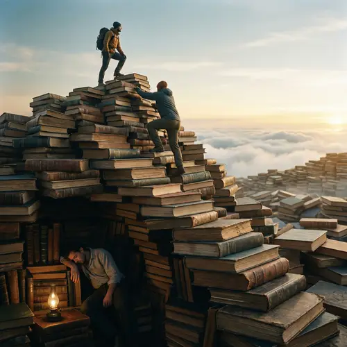 Climbing a Mountain of Books: A Photorealistic Journey