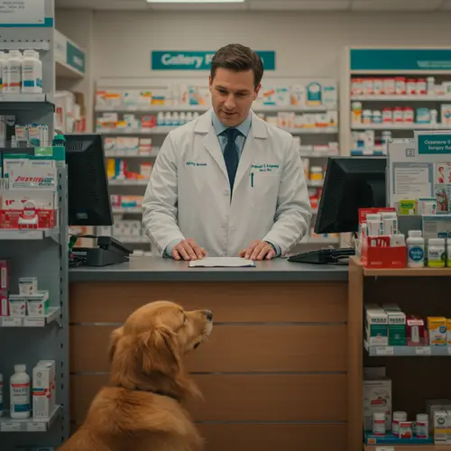Pharmacist Interacts with Golden Retriever
