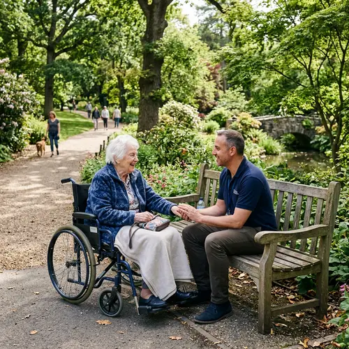 Caregiver with Elderly Patient in Park Setting