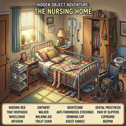 Wimmelbild Pflegeheim Bewohnerzimmer – Alles auf einen Blick