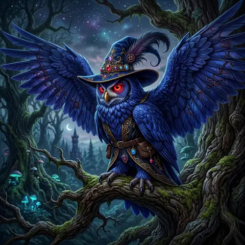Majestic Owl-Like Demon Character | Royal Blue Feathers