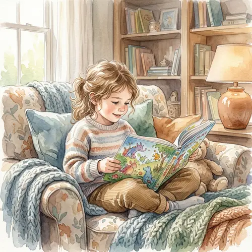 Joyful Child Reading Book | Serene Aquarelle Painting