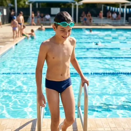 13-Year-Old Boy in Swim Slip with Brown Hair
