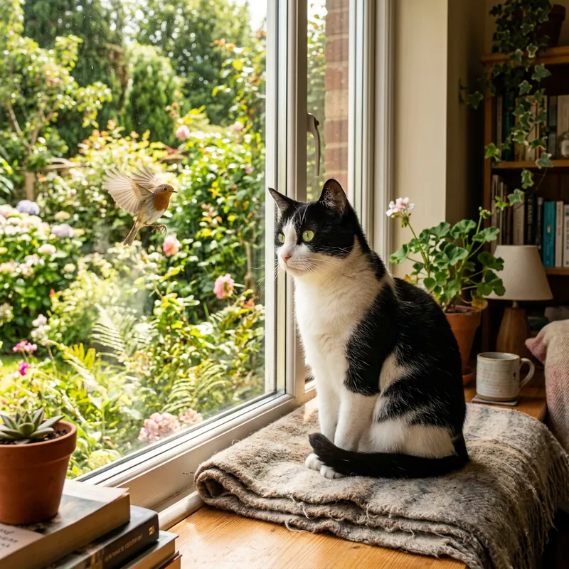 Adorable Domestic Cat with Striking Green Eyes on Sunny Windowsill