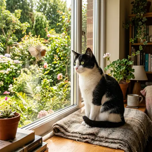 Domestic Short-Haired Cat with Green Eyes on Sunny Windowsill