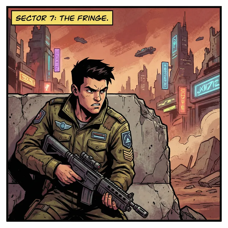 Dynamic Young Man in Military Uniform: Comic Book Style Illustration