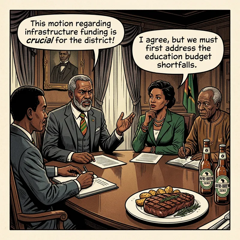 African Government Officials in Council Meeting with Steak Plate and Beers