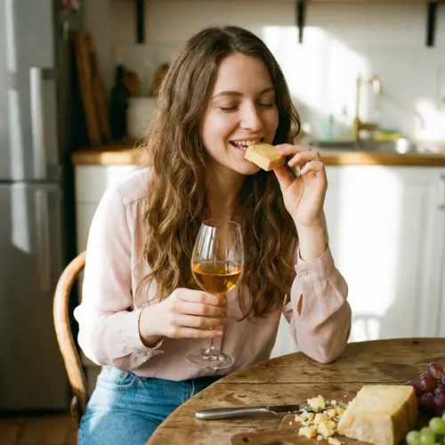 Savoring Cheese: Young Woman Enjoying Wine and Cheese at Wooden Table