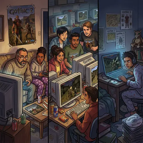 Diverse Players Enthralled in 'Gothic 2' Video Game | Excitement & Camaraderie