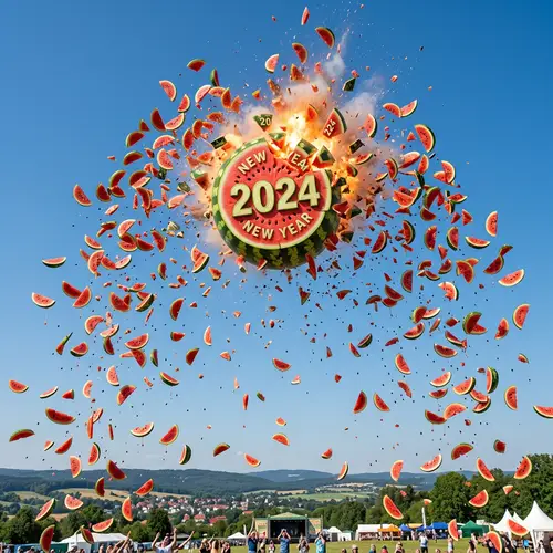 2024 Year Emblem Exploding Into Whirling Slices in the Sky