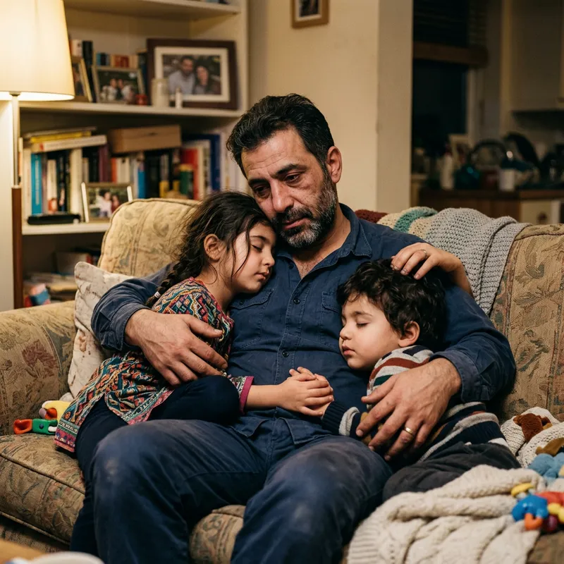 Tired Middle-Eastern Father Caring for His Kids