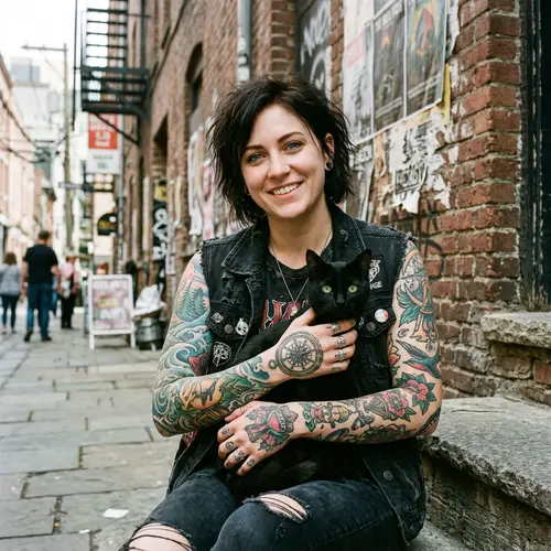 Colorful Tattooed Caucasian Woman with Black Cat in Urban Setting