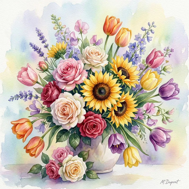 Beautiful Watercolor Flowers: Roses, Tulips, Sunflowers Beautiful Watercolor Flowers: Roses, Tulips, Sunflowers