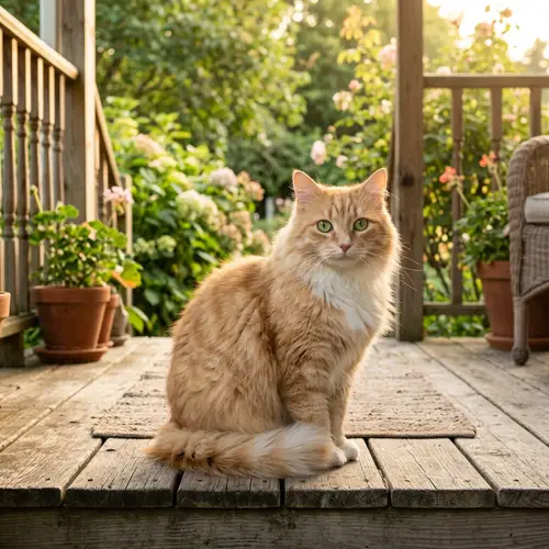 Fluffy Domestic Cat with Vibrant Green Eyes on Wooden Porch