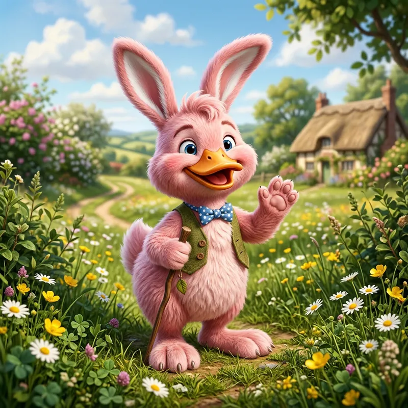 Whimsical Pink Furry Duck with Rabbit Features